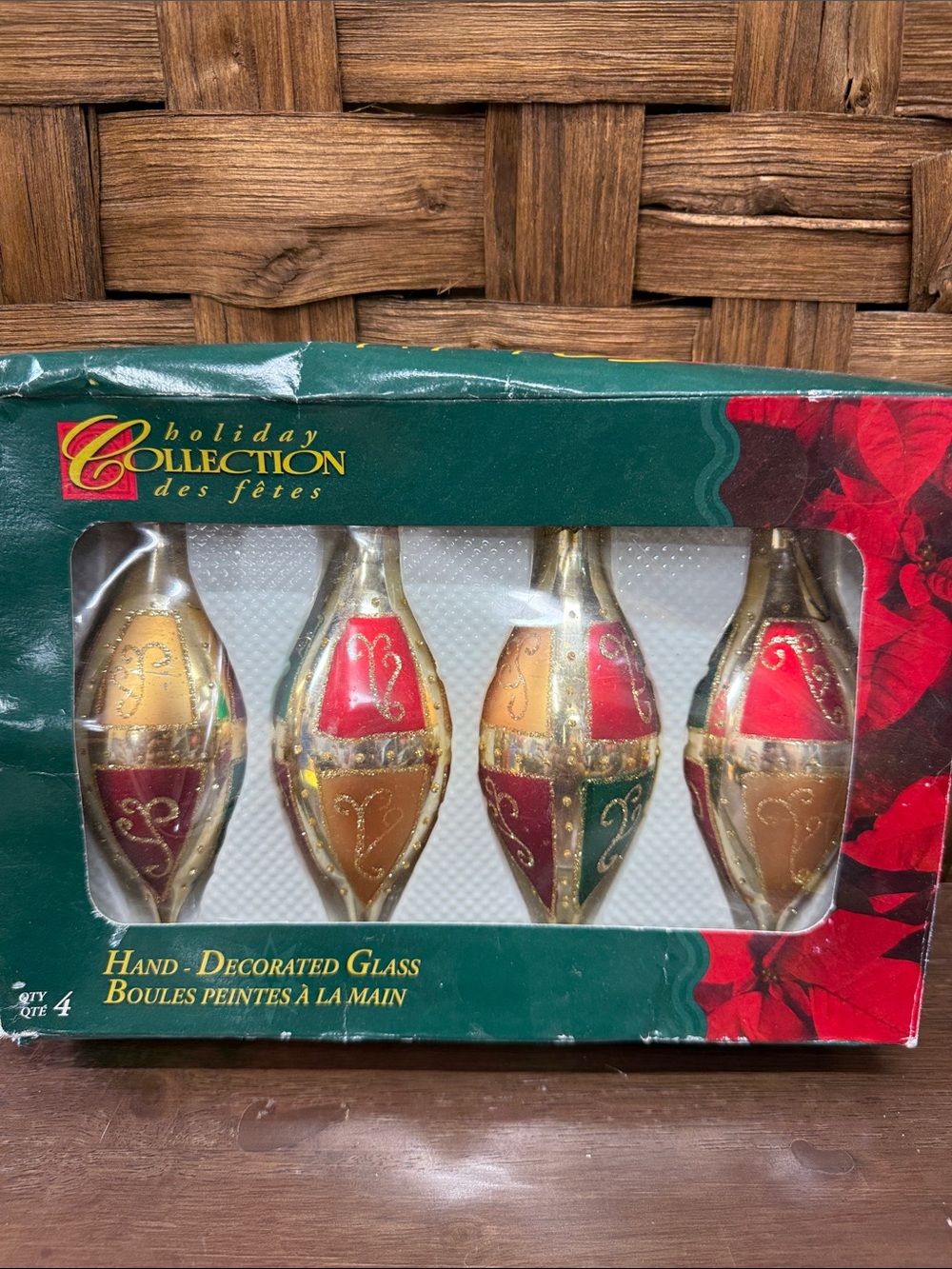 Hand-Decorated Glass Ornaments in Gold, Red, Green